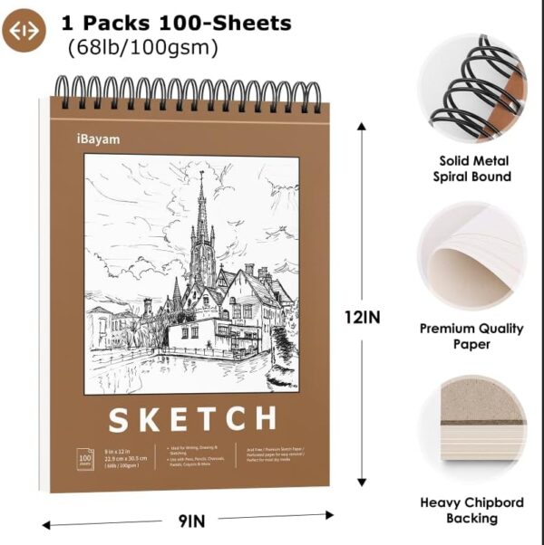 iBayam 9" x 12" Premium Sketch Book Set, 1-Pack Spiral Bound Drawing Paper, 100 Sheets (68lb/100gsm) Sketchbook, Acid-Free Art Drawing Painting Sketching Pad Supplies for Kids, Teens, Adults, Artists - Image 2