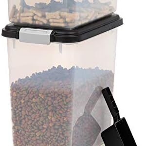 IRIS USA Dog Food Storage Container, 30 lbs & 11 lbs Combo, Cat Food Storage Container, Dog Treat Container, Airtight, Stackable, 2-Cup Scoop, Wheels, Easy Mobility, Black