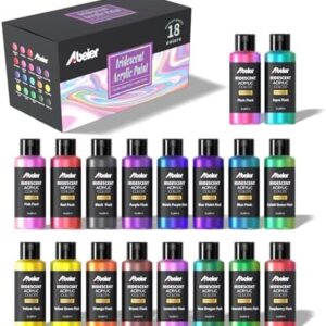 ABEIER Iridescent Acrylic Paint, Set of 18 Chameleon Colors, 2 oz/60ml Bottles, Color-shifting, Non-Toxic, High Viscosity, Blendable, Paints on Rocks Crafts Canvas Wood, Fabric, Ceramic & Stone