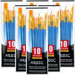 Acrylic Paint Brush Set, 6 Packs / 60 pcs Nylon Hair Brushes for All Purpose Oil Watercolor Painting Artist Professional Kits