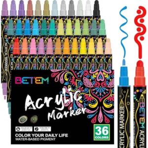 Betem 36 Colors Dual Tip Acrylic Paint Pens Markers, Premium Acrylic Paint Pens for Wood, Canvas, Stone, Rock Painting, Glass, Ceramic Surfaces, DIY Crafts Making Art Supplies