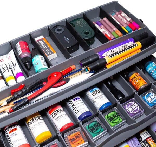 ArtBin 3-Tray Art Supply Box Versatile Organizer for Brushes, Paints, Stamps, and More - Durable Hard Plastic, Secure Closure, Portable with Top Trays and Dividers - Image 9