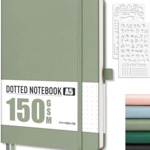 AHGXG Bullet Dotted Journal - 150 GSM Dot Grid Notebook Journal, Thick Acid-Free Paper, A5 Dotted Notebook 128 Pages, Leather Hardcover, Inner Pocket, Journal Stencil, 5.7'' × 8.3'' - Sage Green