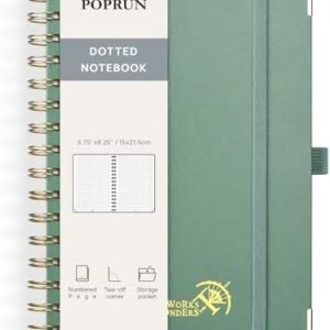 POPRUN Spiral Dotted Journal Notebook, [A5-5.75'' x 8.25''] - 120 GSM Thick Paper, 141 Numbered Pages, Hardcover for Men & Women with Pocket, Index Tabs, 8 Perforated Sheets, Midnight Green