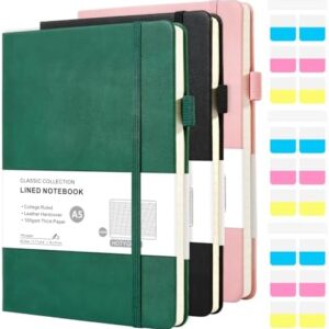 A5 Lined Journal Notebook, 3 Pack College Ruled Notebook for Work, Women & Men, Leather Journal with Pockets & Pen Loop, Hardcover Notebooks for Writing, Office School, 160 Pages, 100GSM Thick Paper (Pink, Black, Green)