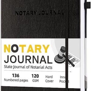 Notary Journal Log Book, 7”x10" Notary Book, Notary Log Book Notary Public Journal for Notarial Acts, Hardcover Notary Journal, 120gsm Thick Paper, 136 Numbered Pages, Black