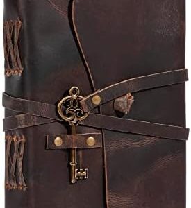 Leather Journal with Deckle Edge Paper 9x6 inch and Vintage Key/Handmade Writing Notebook Diary/Bound Daily Notepad for Men & Women Medium, Sketch/Writing pad, for Artists