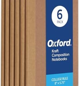 Oxford Composition Notebook 6 Pack,Notebooks for School, School Supplies, School Journal, Comp Book, College Ruled Paper, 5.75 x 8 Inches, Small Size, 60 Sheets, Kraft Covers (63831)