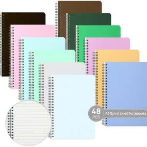 miikoul 48 Pack A5 Spiral Lined Notebooks, 8.3" X 5.5", 60 Sheets/120 Pages Wide Ruled Notebook Spiral Journals Bulk Paper Cover Notepad 12 Colors for Students Taking Class Notes Home Office Gift