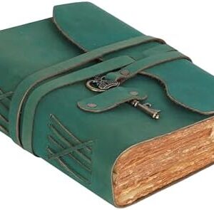 LEATHER VILLAGE Vintage Leather Journal – 200 Handmade Vintage Deckle Edge Paper – Leather bound Journal For Women Men – Vintage Key Closure - Book of Shadows - Turquoise - 6X4 inches (A6)