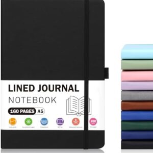 Lined Journal Notebooks for Women and Men, A5 100gsm Hardcover Notebook with Pen Loop, 160 Pages, 5.7" X 8.3", Notebook for Student, Office, School (Black)