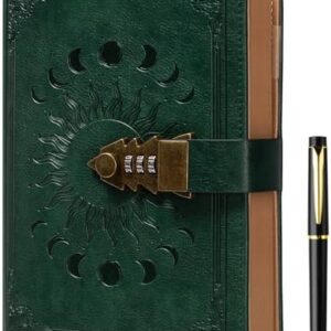 ZXHQ Lock Journal with Pen, A5 240 Pages Diary with Lock, Brown Edge, Refillable, Leather Hardcover (8.5 × 5.9inch) Dark Green