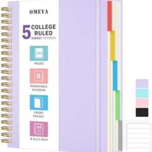Spiral Notebook 8.5" x 11", 5 Subject Notebooks College Ruled with Removable Dividers, 300 Pages 100GSM Thick Spiral Writing Journal for Women & Men, Large A4 Lined Journal Notebooks for Work, School