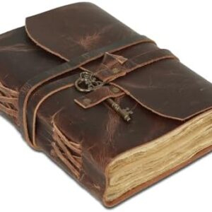 Leather Journal with Deckle Edge Paper 8x6 inch and Vintage Key | Handmade Writing Notebook Diary | Bound Daily Notepad for Men & Women Medium, Sketch | Writing pad for Artists