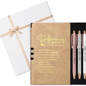 Thenshop 5 Pcs Thank You Gift for Coworker Journal with Pen Set Difference Maker Inspirational Leather Journal with 3 Ballpoint Pens Box Appreciation Gift for Employee Teacher Nurse Staff(Khaki)