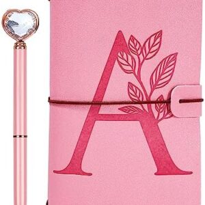 Personalized Journal Gift-Pink Initial Leather Journal+Heart Diamond Pen Set,Travel Notebook Diary Gifts,Refillable Notepads,Christmas,Birthday Gifts for Women Girls (7.9"x4.7") (A)