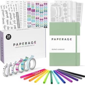 PAPERAGE Bullet Journal Kit, Dotted Journaling Set & Stationary Kit, Hardcover Dotted Journal Notebook (Sage Green), 12 fineliner Pens, 8 Sticker & 3 Stencil Sheets, 6 Washi Tapes